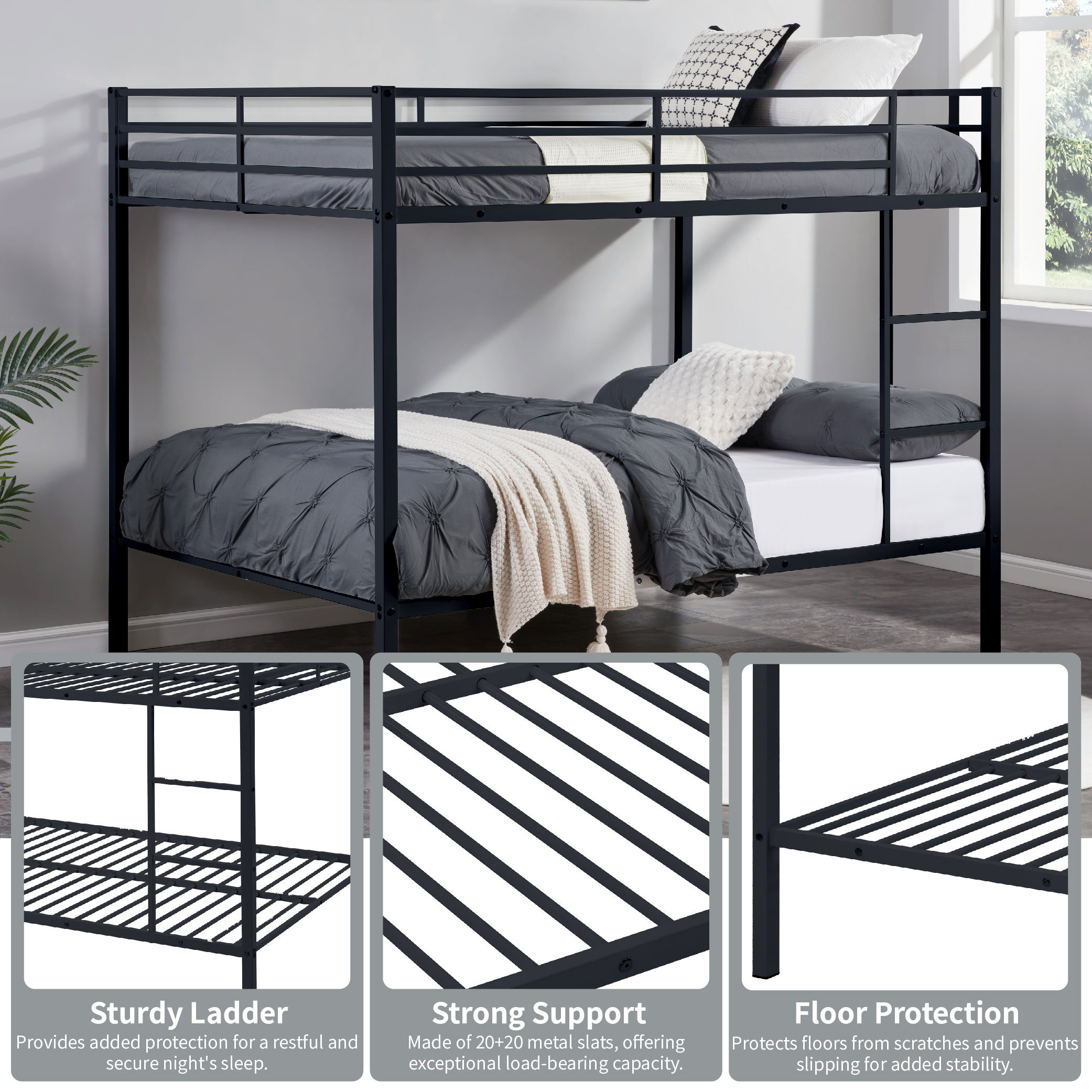 Full Over Full Bunk Bed, Heavy Duty Metal Bunk Bed Frame With Built-in Ladder And Safety Guard Rail, Low Metal Bunk Bed Frame For Kids, No Boxspring Required, For Small Spaces, Black_voghion.com